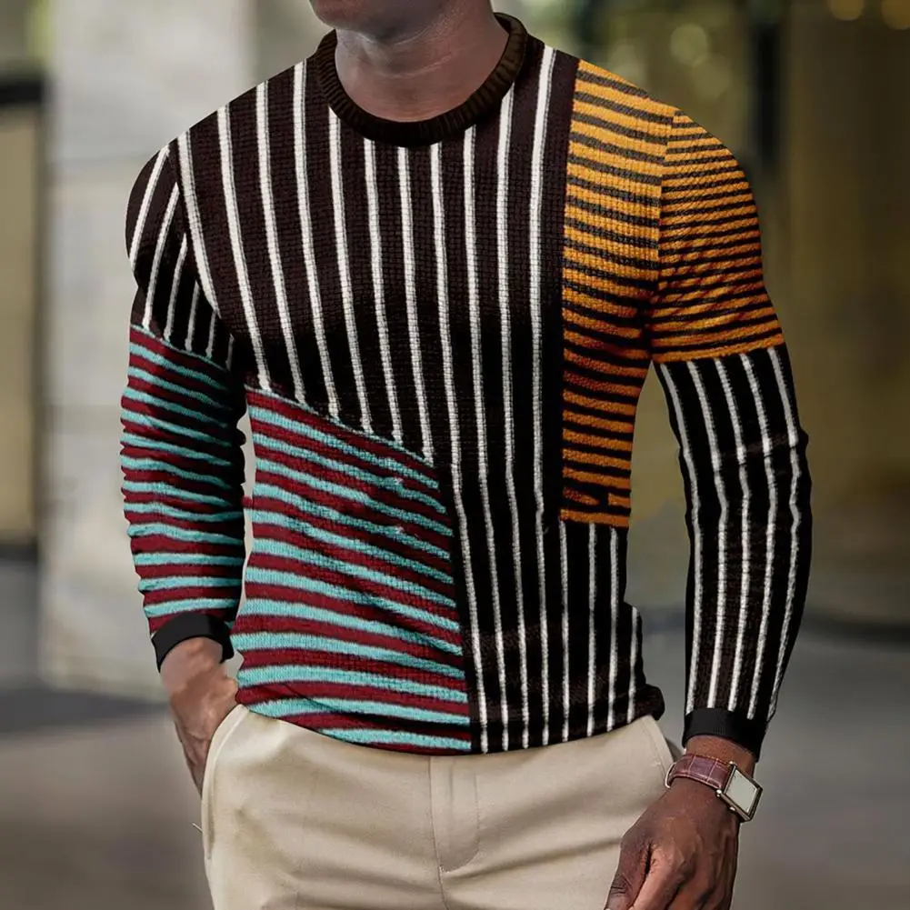 

Useful Stretchy Pullover Men Sweater Stylish Keep Warmth Round Neck Men Sweatshirt Trendy Strap Print Tear-resistant Shirts