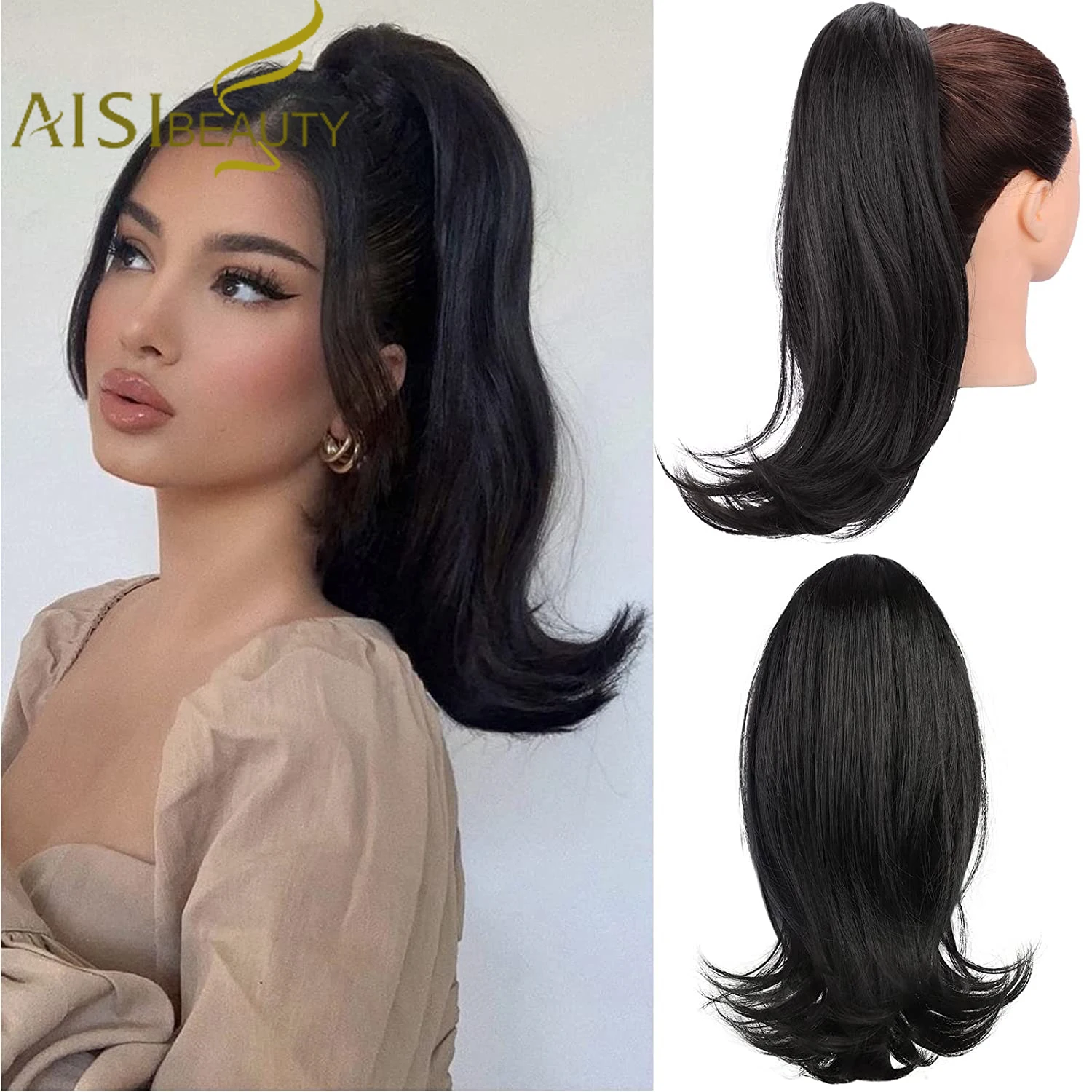 

AISI BEAUTY Synthetic Ponytail Extension Black Long Curly Hair Extensions Ponytail 14Inch Claw Chip Hair Pieces Heat Resistant