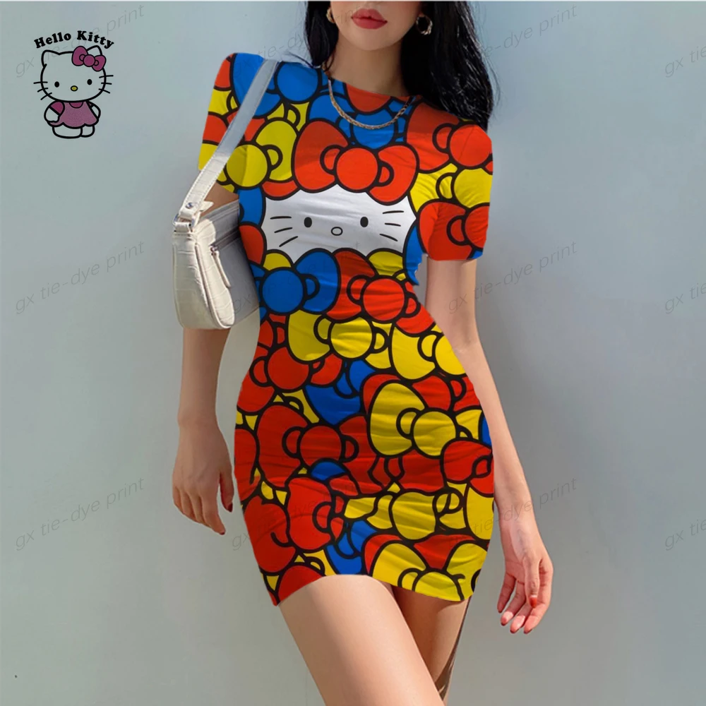 

Women's Summer Short Sleeve Hello Kitty Print Slim Bodycon Boho Cartoon Mini Cocktail Party Beach Dress Sundress 3 Colors