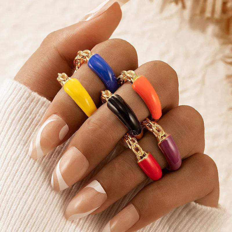 

New 2022 Color Drop Ring Set INS Simple Alloy 6-piece Ring Set