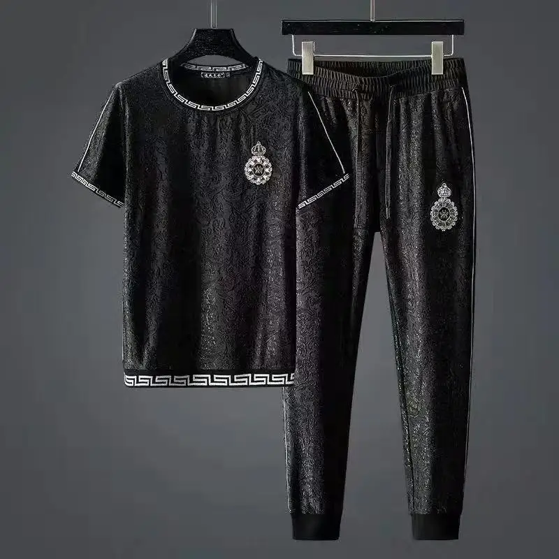 

Light luxury tide brand dark pattern jacquard summer casual sports suit men's trend large size loose all-match clothes men