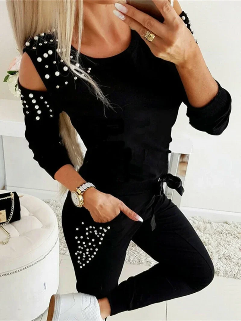 Женский спортивный костюм из 2 предметов повседневный топ и брюки с украшением в