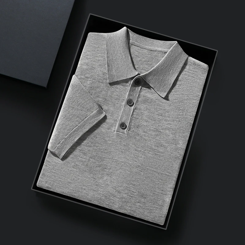 Men's PoLo Neck cashmere Thin Short Sleeve Fashion Casual Cashmere T-Shirt Business Thin Cashmere Top