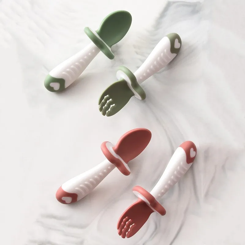 Cuchara de silicona de 2 unids/set para bebé, tenedor, vajilla de alimentación para niño pequeño, juego de cubiertos para aprender a comer