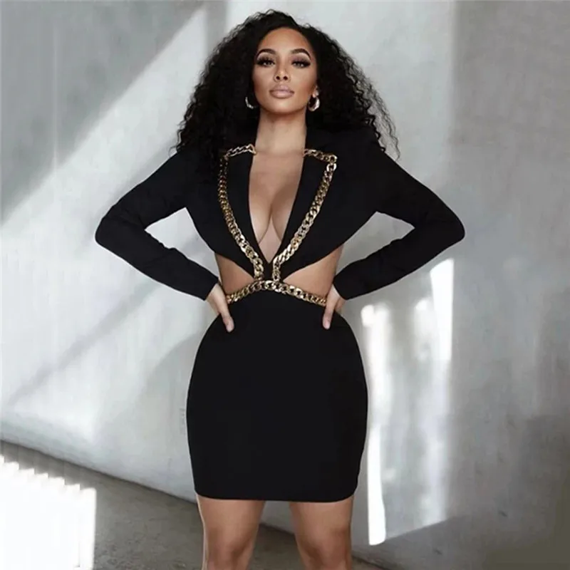 

Fashion Metal Chain Mini Bandage Dress Black Hollow Out Sexy Backless Bodycon Ladies Clothes Long Sleeve Nightclub Party Dress