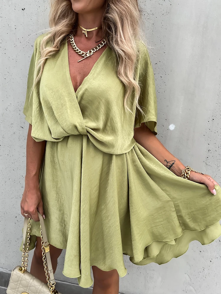 

Women Casual Loose Chic Short Sleeve Dresses Sexy V Neck Solid Ruffle Elastic Waist Mini Dress Summer Fashion Drape Party Dress