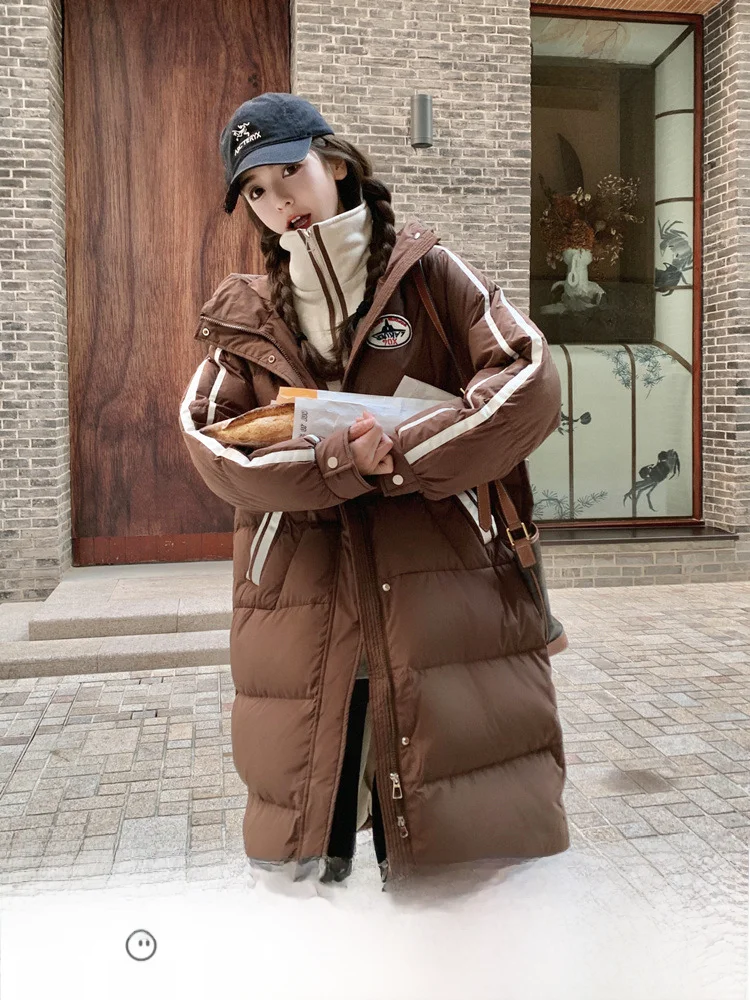 Дизайнерская Свободная куртка на белом утином пуху с капюшоном в стиле преппи