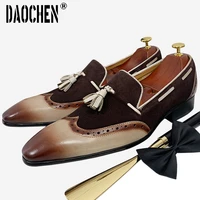 italian men loafers shoes black brown mixed color wingtip elegant dress shoes office wedding genuine leather mens casual shoes