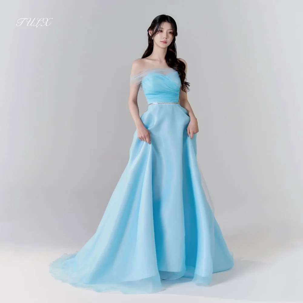 Фото Вечернее платье TULX Fairy из органзы, синее, для фотосессий в Корее, с вырезом-сердечком и шалью, платье для свадебной вечеринки, длинное платье с корсетом, на заказ. №1