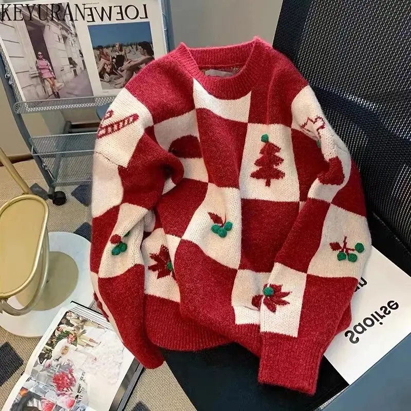 

Oversized Christmas Sweater Women Vintage Autumn Winter Long Sleeve Top Y2k Clothes Fashion Red Lattice Knit Pulovers Sweaters