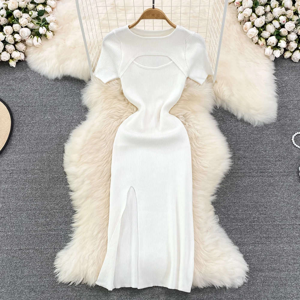 

Elegant Chic Clothing Korean Robe Vestidos De Mujer Maxi Women Club High Waist Sheath Hollow Out O Neck Girl Casual Sexy Dress