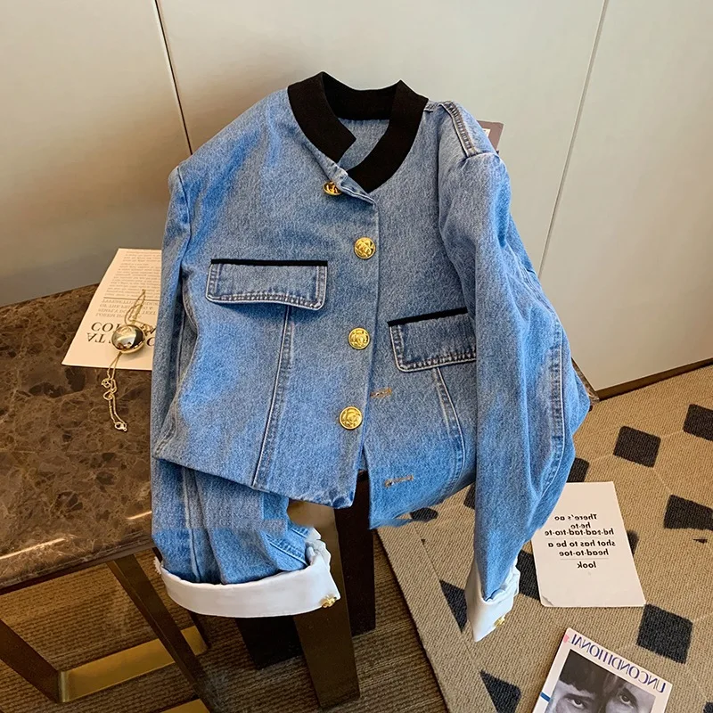 

Женская джинсовая куртка, винтажная синяя однобортная короткая куртка с воротником-стойкой и золотыми пуговицами, осень 2022