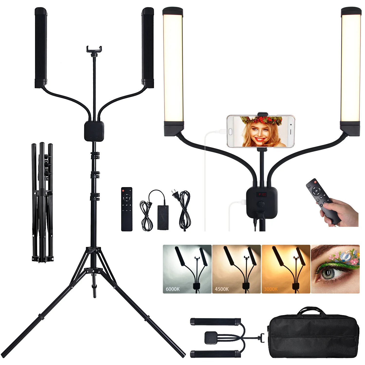 

Portable Ring Light Kit,Double Arms LED Fill ,with Charging Port, Adjustable Tripod, Flexible Phone Holder