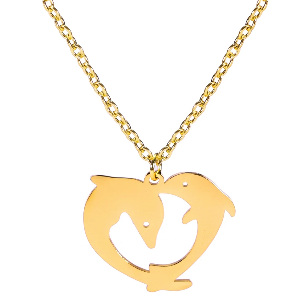 

Xincong Stainless Steel Jewelry 2 Colors Gold Color Steel Color 20x23mm Dolphins Heart Pendant Necklace With 45+5cm Link Chain