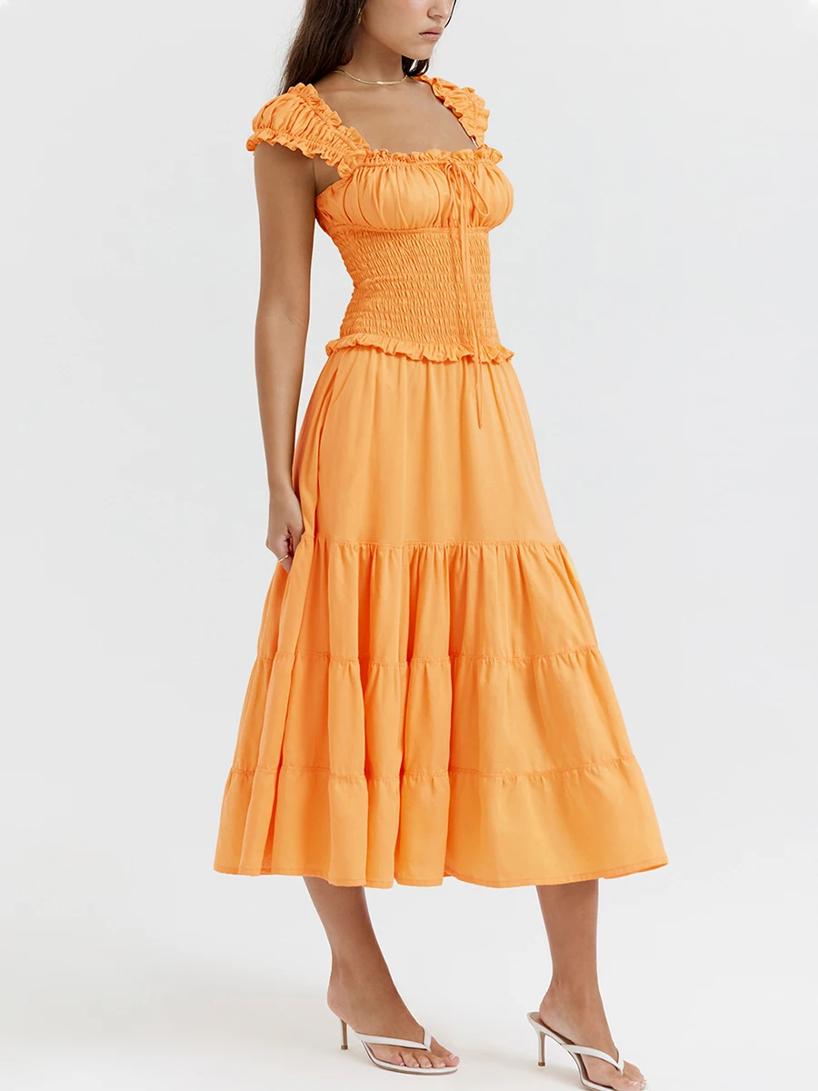 

Women Solid Color Summer Swing Dress Sleeveless Square Neck Pleated Party Slip Dresses Casual Long Dress Fashion Female Clothes