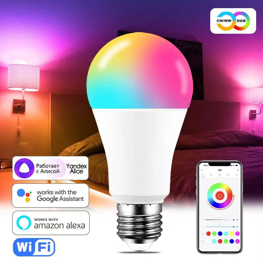 LED Lamp Smart Bulb WiFi Light Alexa Yandex Alice Google Home Assistant Siri Voice Control Color RGB E27 B22 220V 110V Dimmable