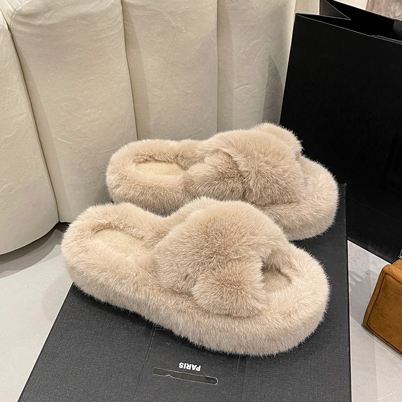 

Winter Women Home Indoor Casual Fuzzy Slippers Female Flip Flops Fluffy Shoes Cross Slides Ladies Soft Plush Slippers