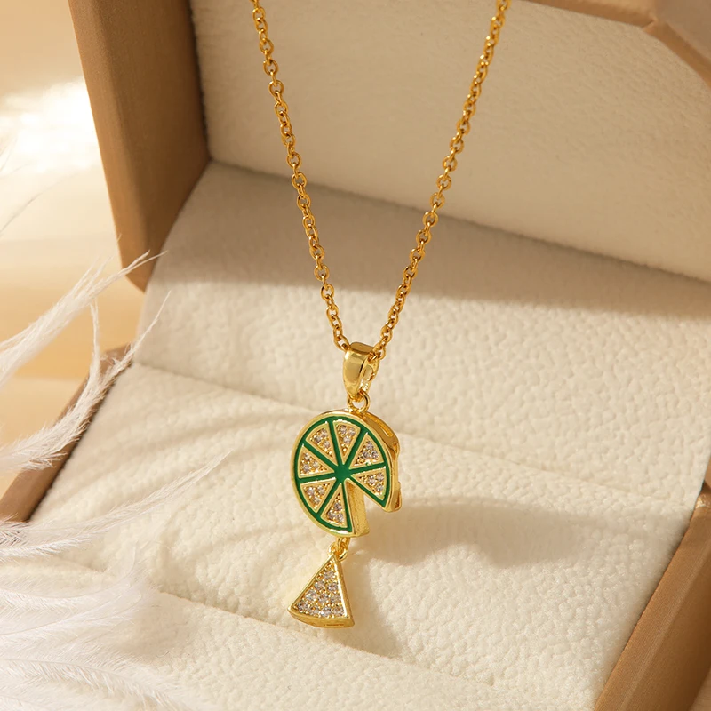 

Glaze Watermelon Necklace 3D Fruit Inlaid Rhinestone Lemon Pendant Necklace Stainless Steel Clavicle Chain for Woman Party Gifts