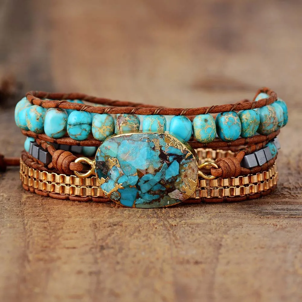 

Bracelet Bohemian Wind-cut Corner Turquoise Ornaments Three-layer Winding Hand-woven Leather String Female Bracelet