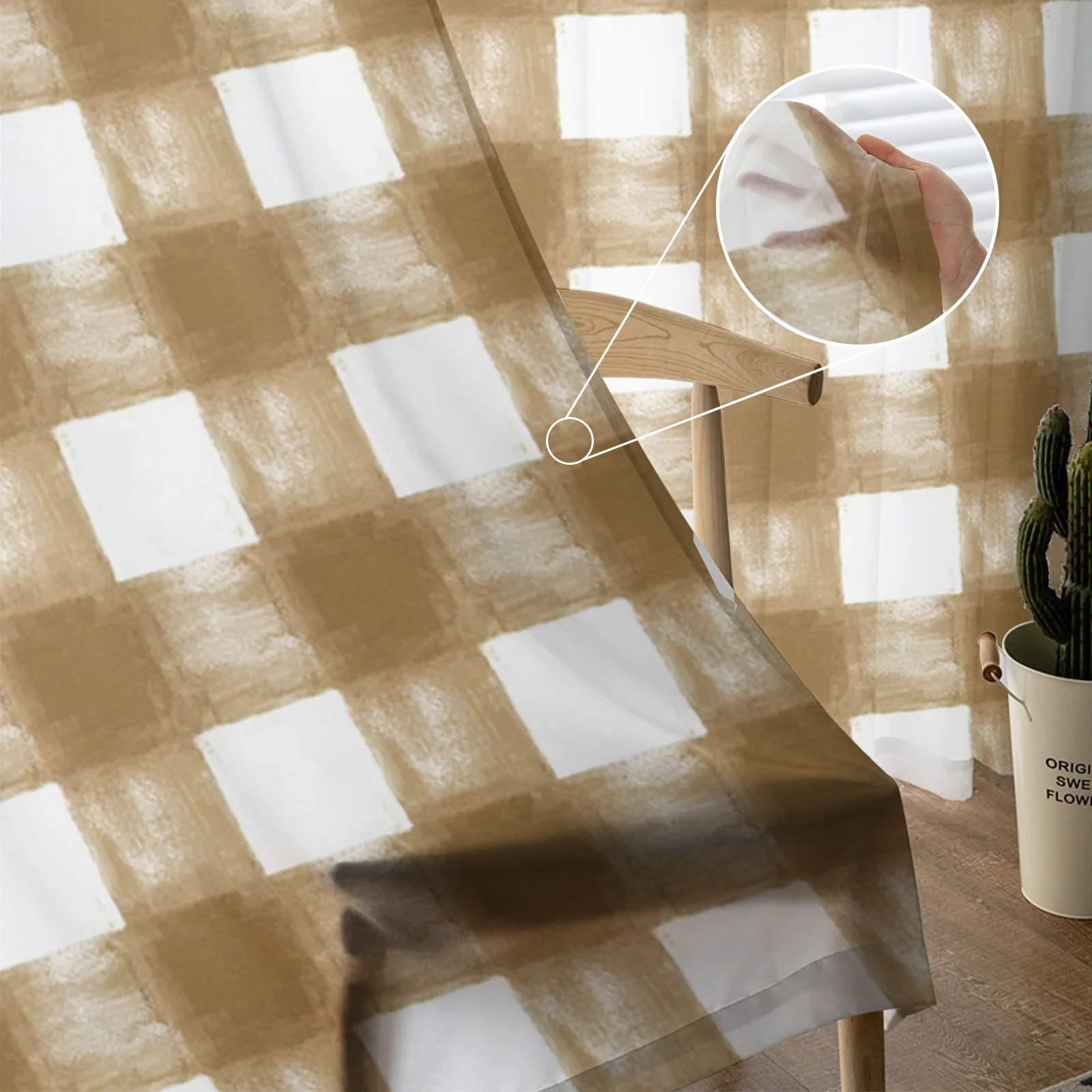 Идиллические коричневые занавески с современной квадратной сеткой из акварели для гостиной, украшенные шторами из вуаля для спальни, декоративные оконные украшения.