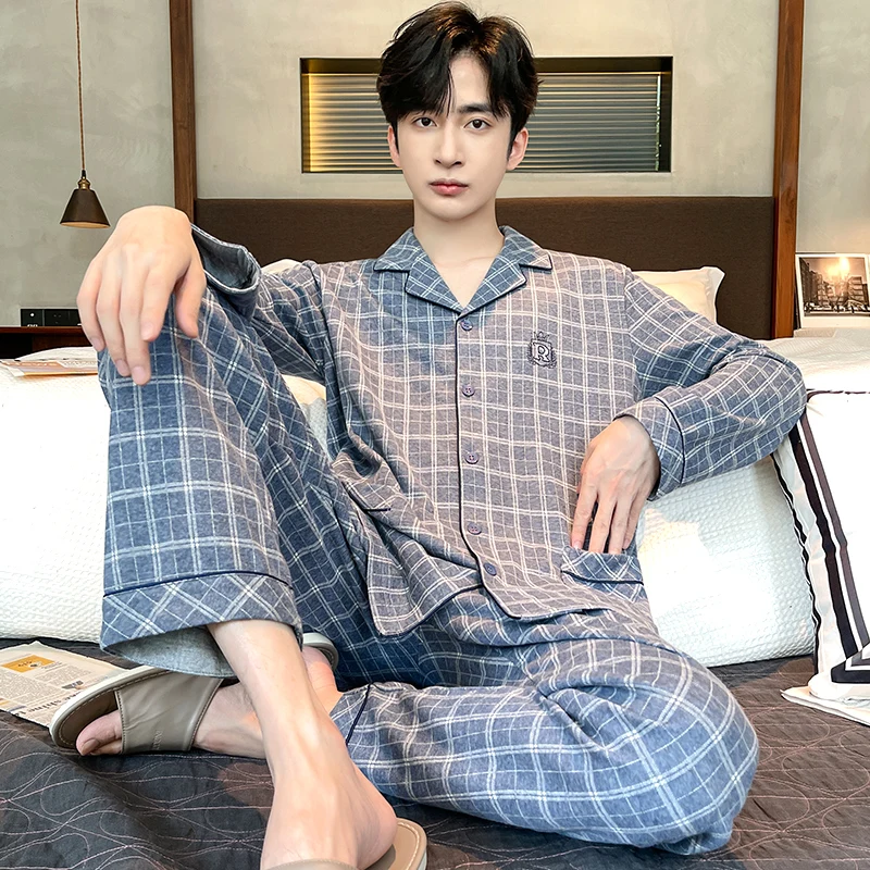 Men's Home Suits Long-sleeved Trousers Suits for Spring and Autumn Pijamas for Men Cotton Plaid Design Pajamas for Men