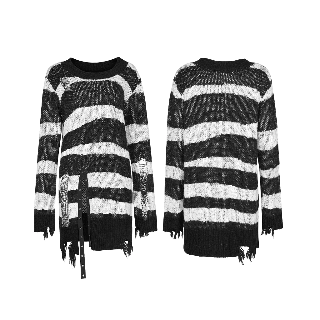 PUNKRAVE Women's Swester Gothic Personality Mid-length Sweater Pullover Striped Long Sleeve Knit Sweaters enlarge