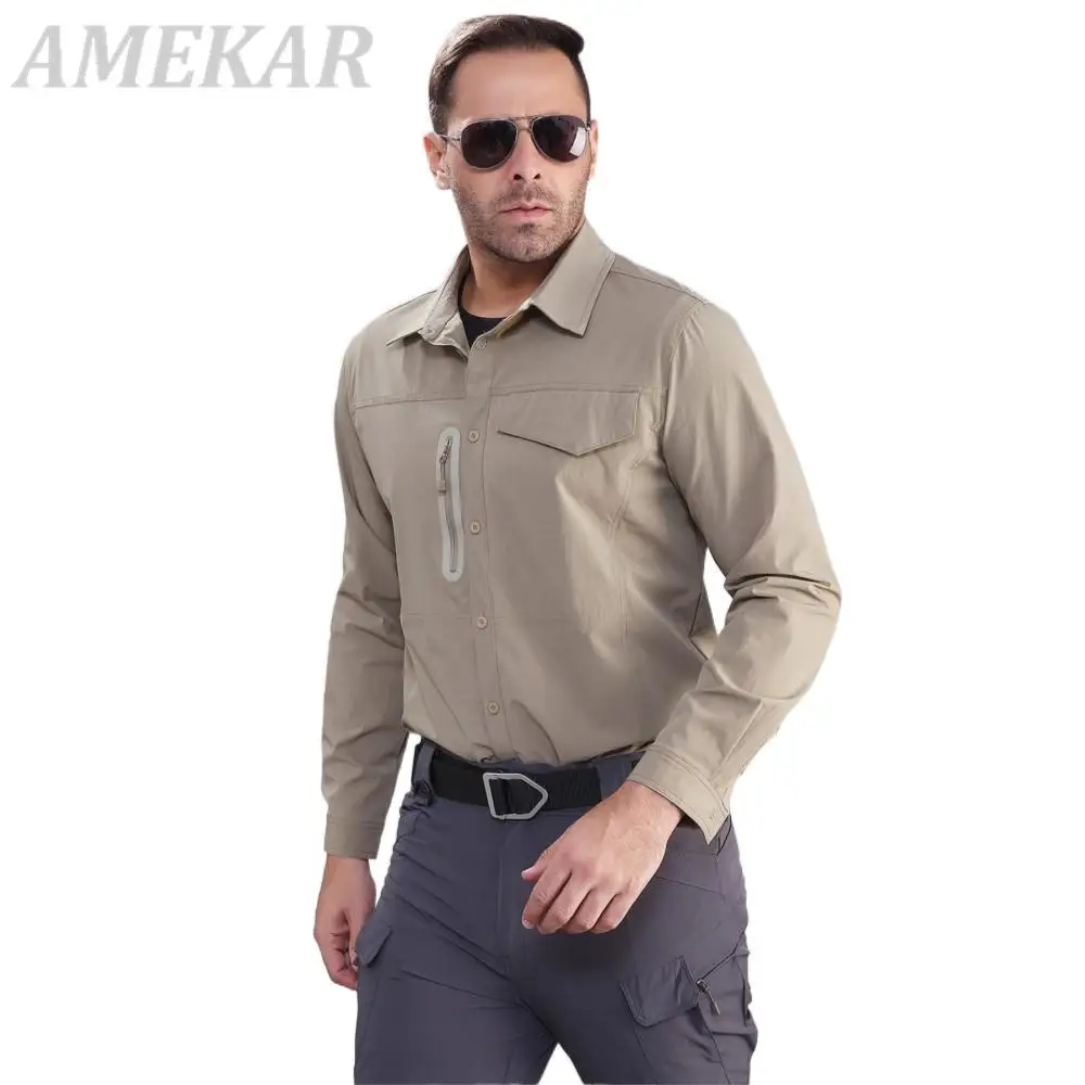 Spring Autumn Men Thin Quick Dry Military Sports Breathable Shirt Outdoor Hiking Fishing Training Pocket Lapel Tactical Shirt