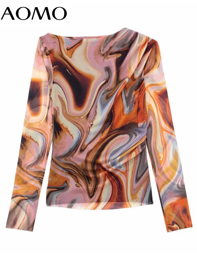 

Женская винтажная рубашка AOMO с принтом, сетчатая блузка с длинным рукавом, 3H581A