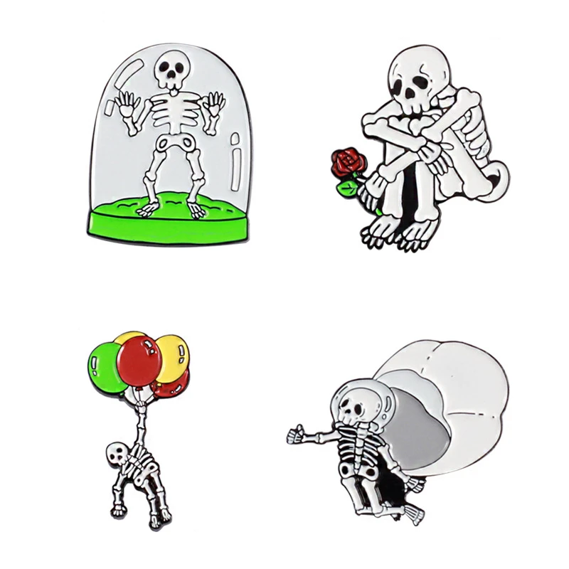 

Skeleton Brooches Balloon Parachute Red Rose Sad Skull Enamel Pin Punk Dark Shirt Bag Badge Party Jewelry Wholesale Breastpins