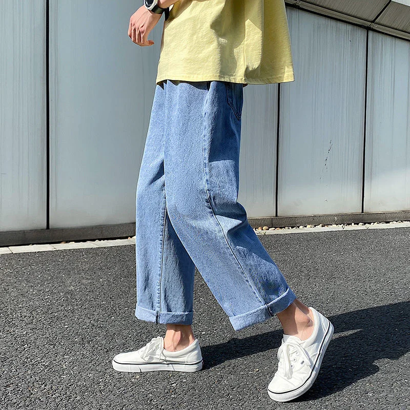 Summer Grey Blue Jeans Men Fashion Casual Straight Jeans Men Streetwear Hip Hop Loose Denim Pants Mens Cropped Pants M-3XL