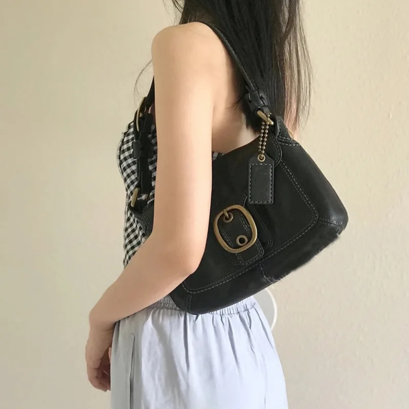 French Style Vintage Black Leather Underarm Bag for Women Y2K Spicy Girl Retro Shoulder Bag Female Armpit Bag 2023 Autumn