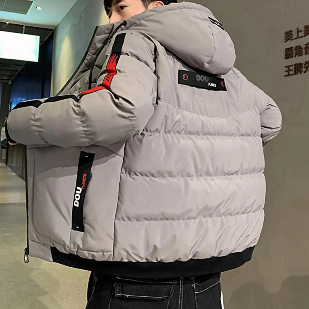 Stylish Men Jacket Zipper Thicken Cotton Padded Fluffy Filling Outerwear  Korean Style Men Hooded Coat for School