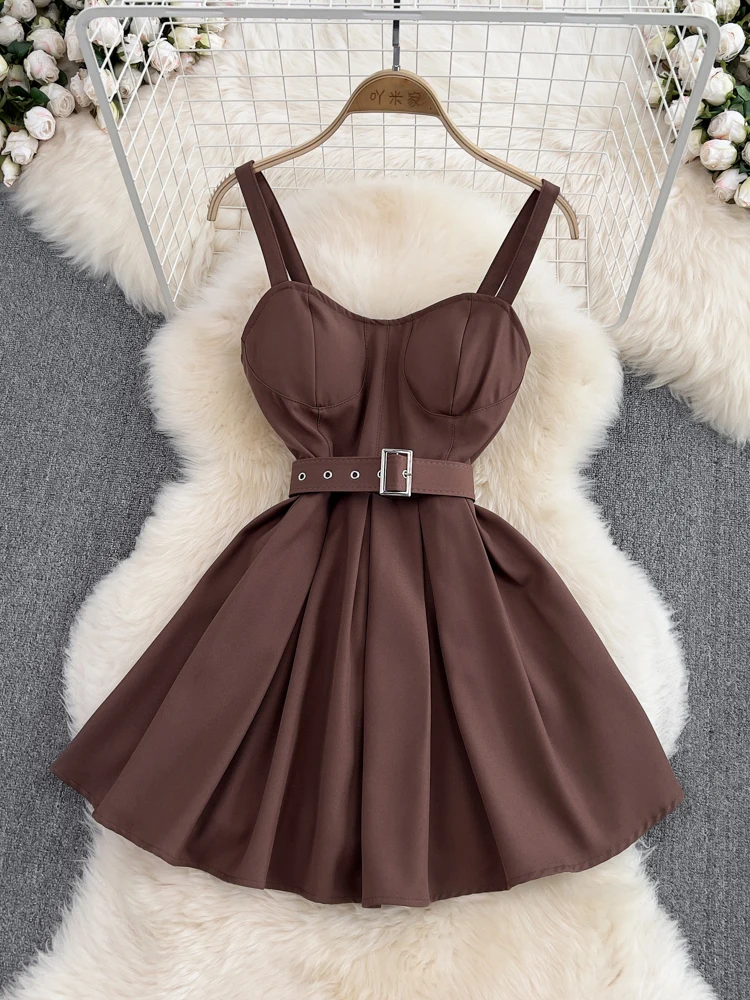 

Sexy Off Shoulder Mini Dress With Belt Summer Women Retro High Waist Backless Slim Straps Dress Female Black/Auburn Vestidos New