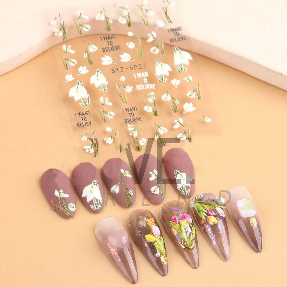 

5D Nail Stickers Engraved French White Embossed Leaves Nail Decals DIY Nail Art