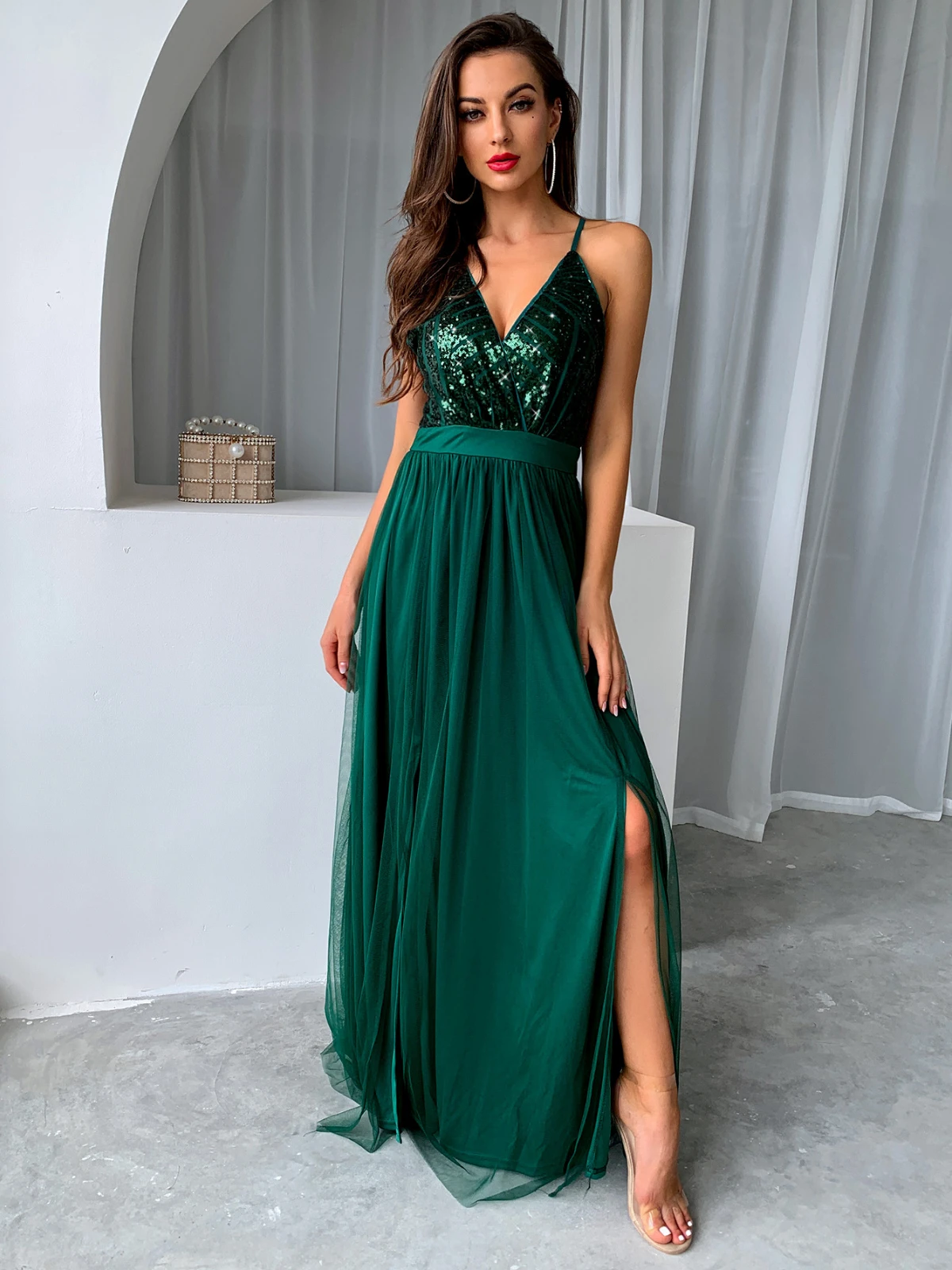 

Sequins, Backless, Stitching Gauze Evening Dress Women's Summer New Sexy Suspenders Sequin Stitching Slits Big Swing Party Dress