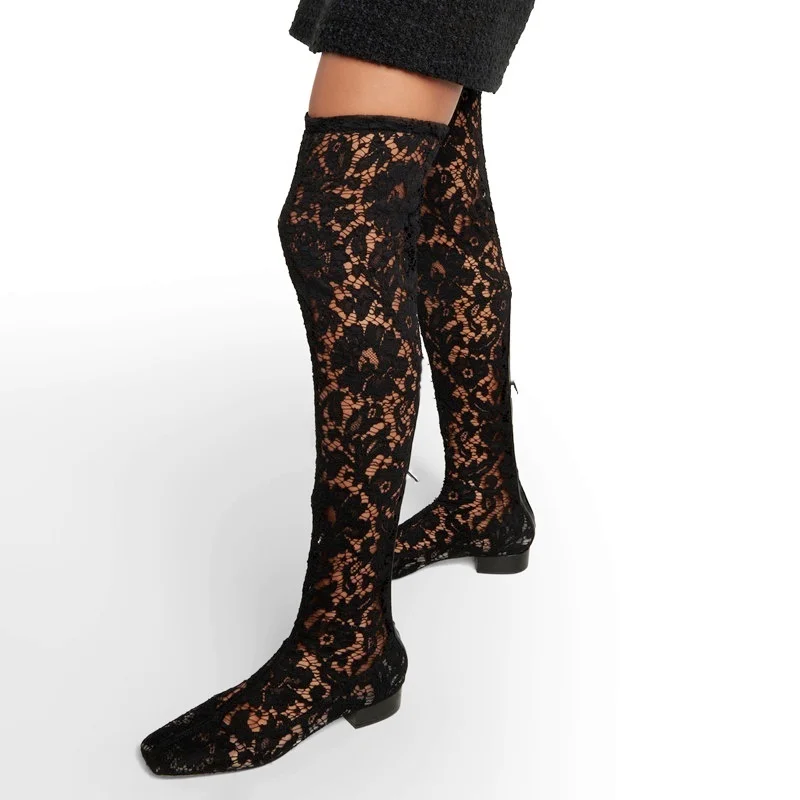 

plus size sexy women dance shoes lace zip over the knee boots square toe thick high heels thigh high boots black lace long boots
