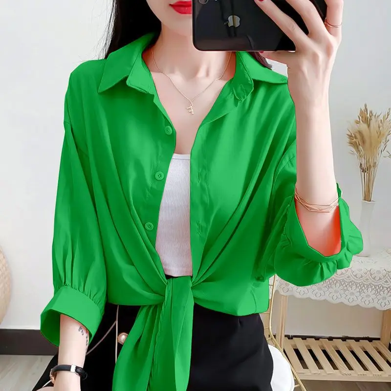 Fashion Lapel Button Solid Color All-match Bandage Bow Shirt Female Clothing 2023 Summer New Casual Tops Oversized Korean Blouse
