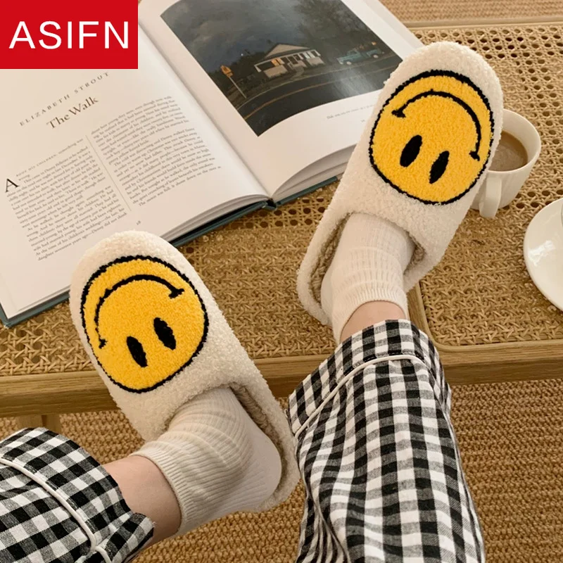 asifn winter house girls fur slippers cute smile pattern womens fluffy slippers warm bedroom ladies cotton female plush shoes free global shipping
