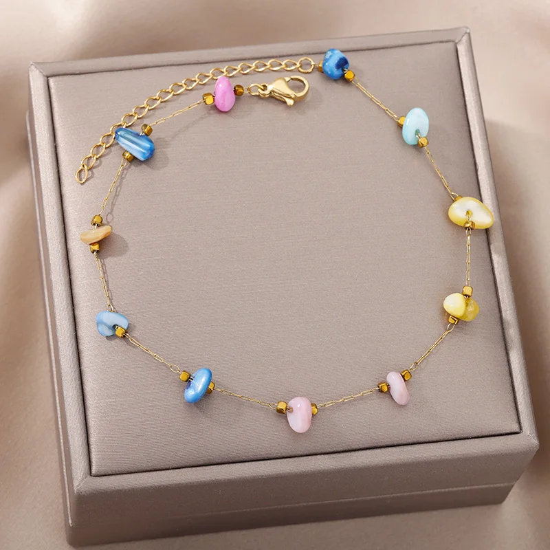 Stainless Steel Natural Resin Stone Anklets for Women Enamel Round Leg Chain Bracelet Summer Beach Foot Jewelry Gift |