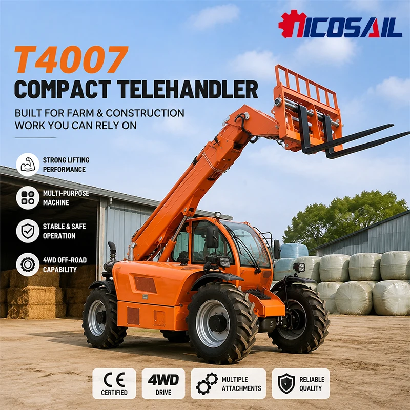 Фото Компактный телескопический погрузчик T4007, 4 тонны, полноприводный погрузчик с кабиной для сельского хозяйства, строительства и обработки материалов. №3