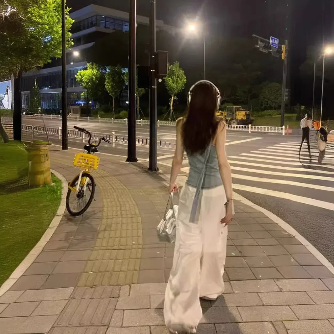 Vintage Women's Denim Cargo Pants 2-Piece Set Summer 2024 Casual Crossbody Strapless Top Shorts Fashion Outfit |