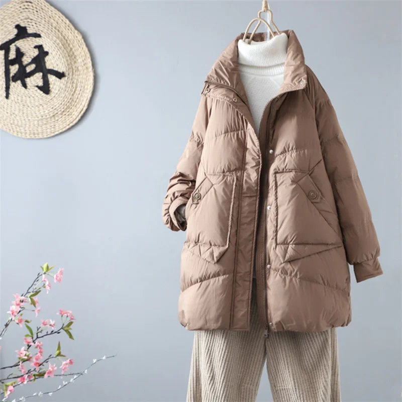 Winter Warm Thick Duck Down Coat Women Fashion Oversize Long Jackets Autumn Pocket Black Casual Parkas ED1718