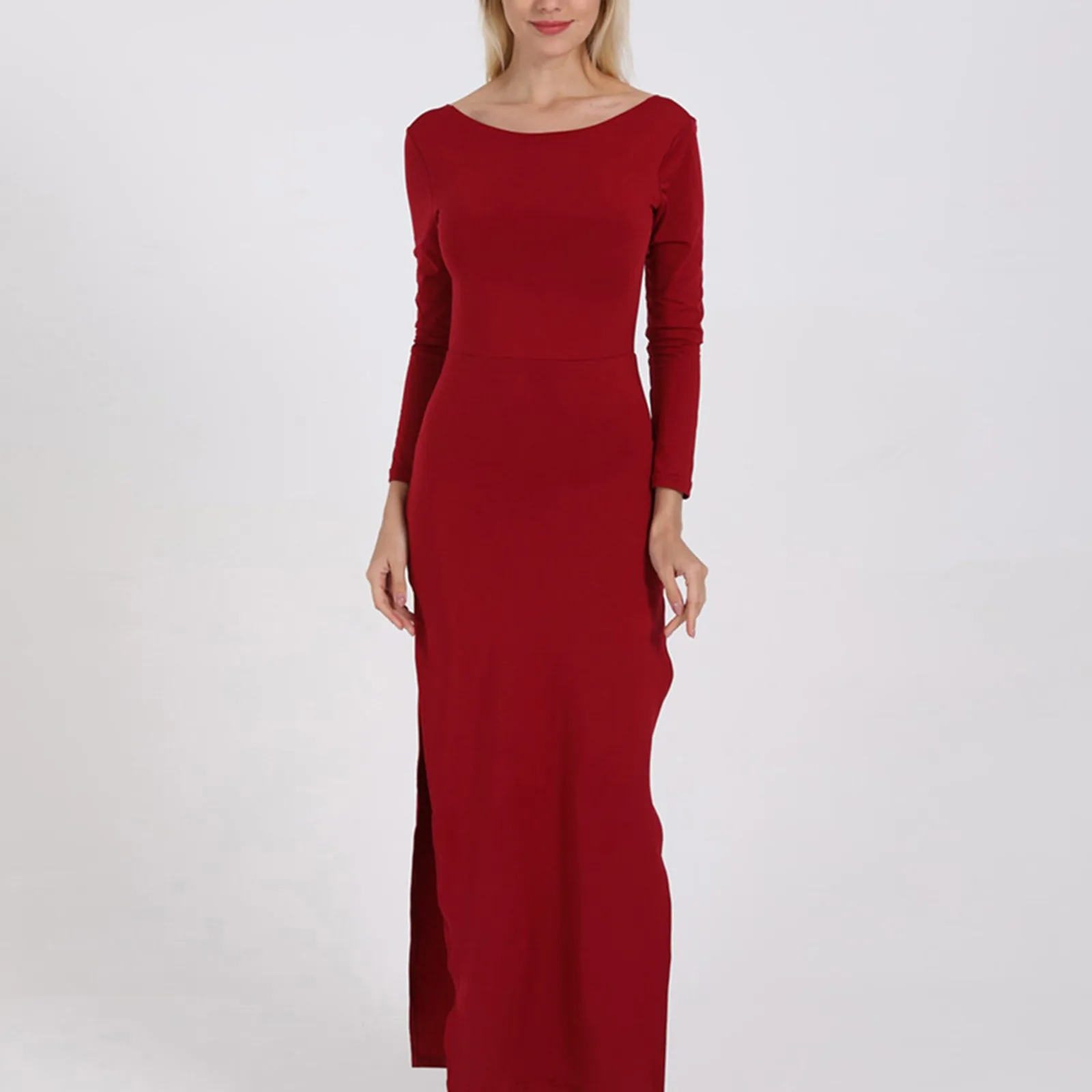 

Women's Autumn Winter Solid Long Sleeve Round Neck Slit Sexy Long Dress Muslim Elegant Casual Ladies Backless Midi Dresses