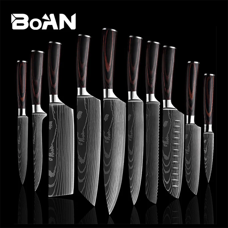 

Boan Chef Knife 1-10 Pcs Set Kitchen Knives Damascus Pattern Sharp Japanese Santoku Knife Cleaver Slicing Sharpener Accessories