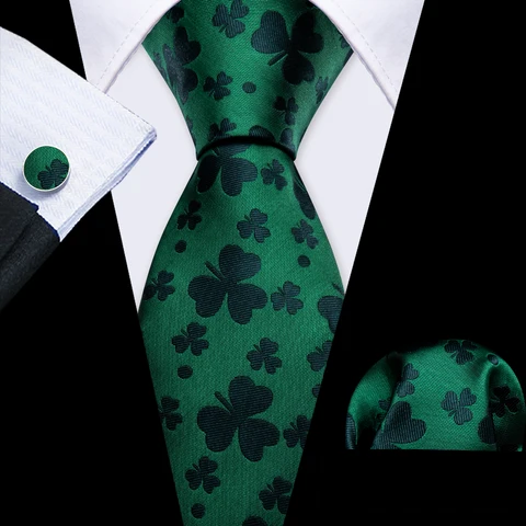 Роскошные шелковые мужские галстуки Набор черные зеленые листья цветочные Шеи Галстук платок Запонки Набор Свадьба Бесплатная доставка Барри · Ван 5938
