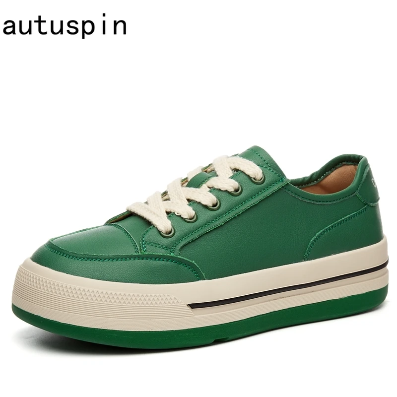 

Autuspin Green Color Women's Sneakers Retro Casual Flat Skate Shoes Women Autumn Winter Outdoor Genuine Leather Vulcanized Shoes