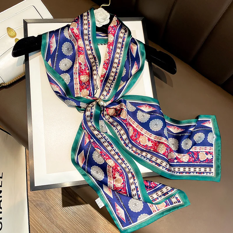 

Long 100% Real Silk Skinny Scarves Neck Headbands For Women Design Ribbon Hair Band Bag Tie Print Neckerchief Foulard 2023