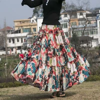 free shipping 2022 new fashion long maxi a line elastic waist women summer spring s 2xl cotton linen print big hem skirts