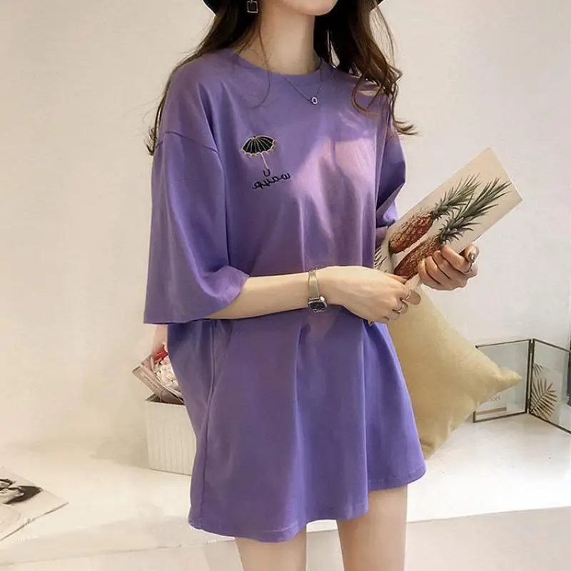 

2022 Summer New Korean Simple Solid Color Casual Loose Thin O-neck Lazy Style Stretch Women Short Sleeve T-shirt Free Shipping