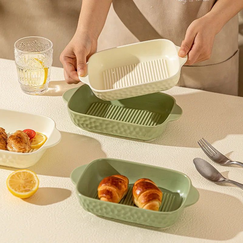 

2022 креативный керамический поднос для выпечки Tawny, домашняя прямоугольная двойная миска для выпечки с ушками, тарелка для завтрака, кухонные принадлежности